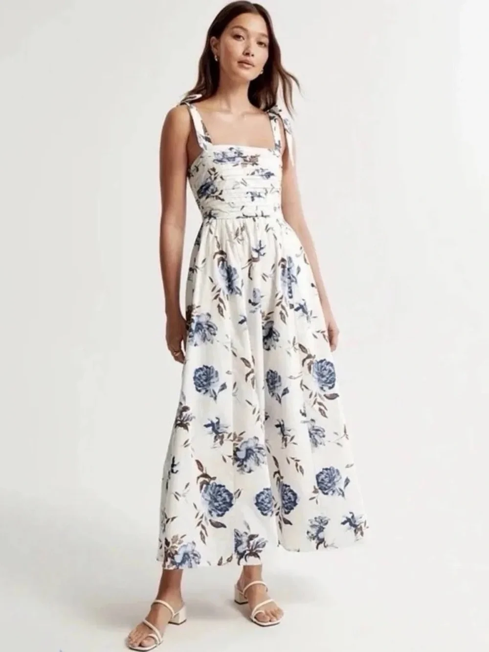 Abercrombie Emerson Tie Strap Maxi Dress in White and Blue